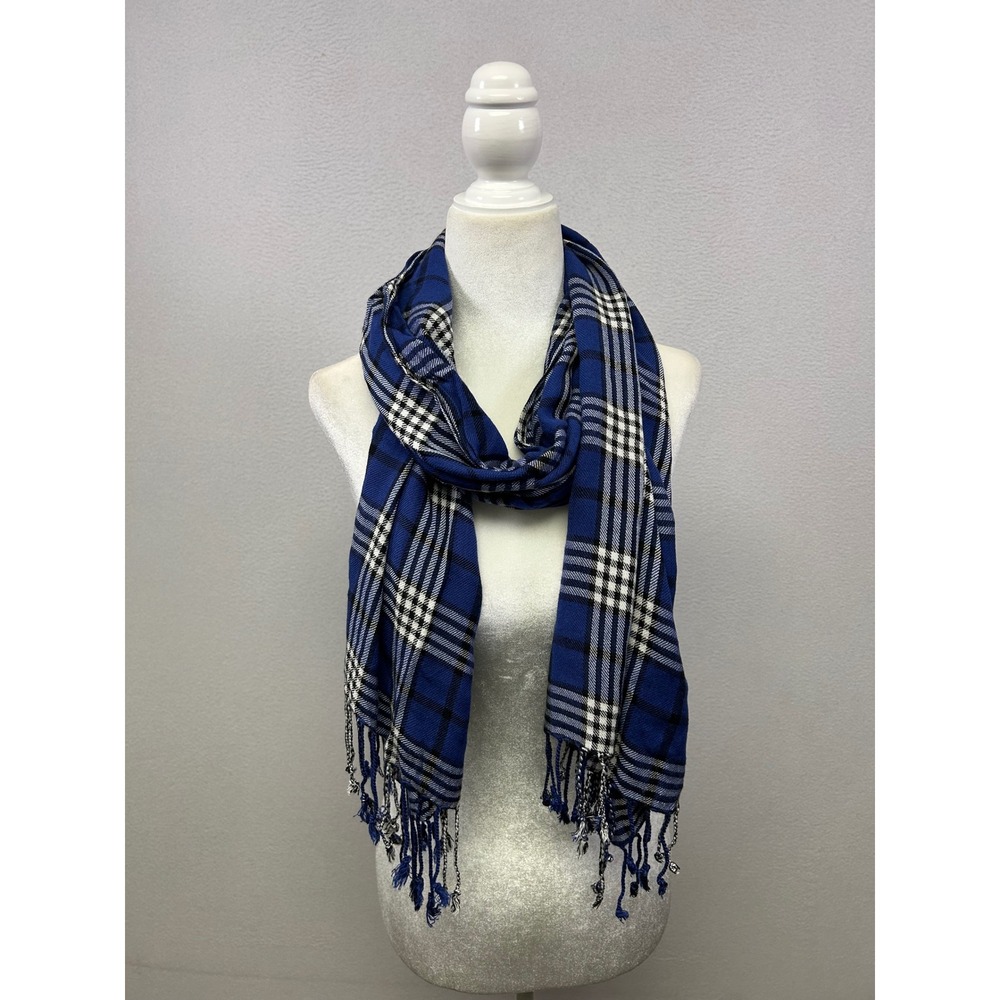 Preppy Academic Womens OS Blue Plaid Fringed Scarf Wrap Fall Winter Checkered